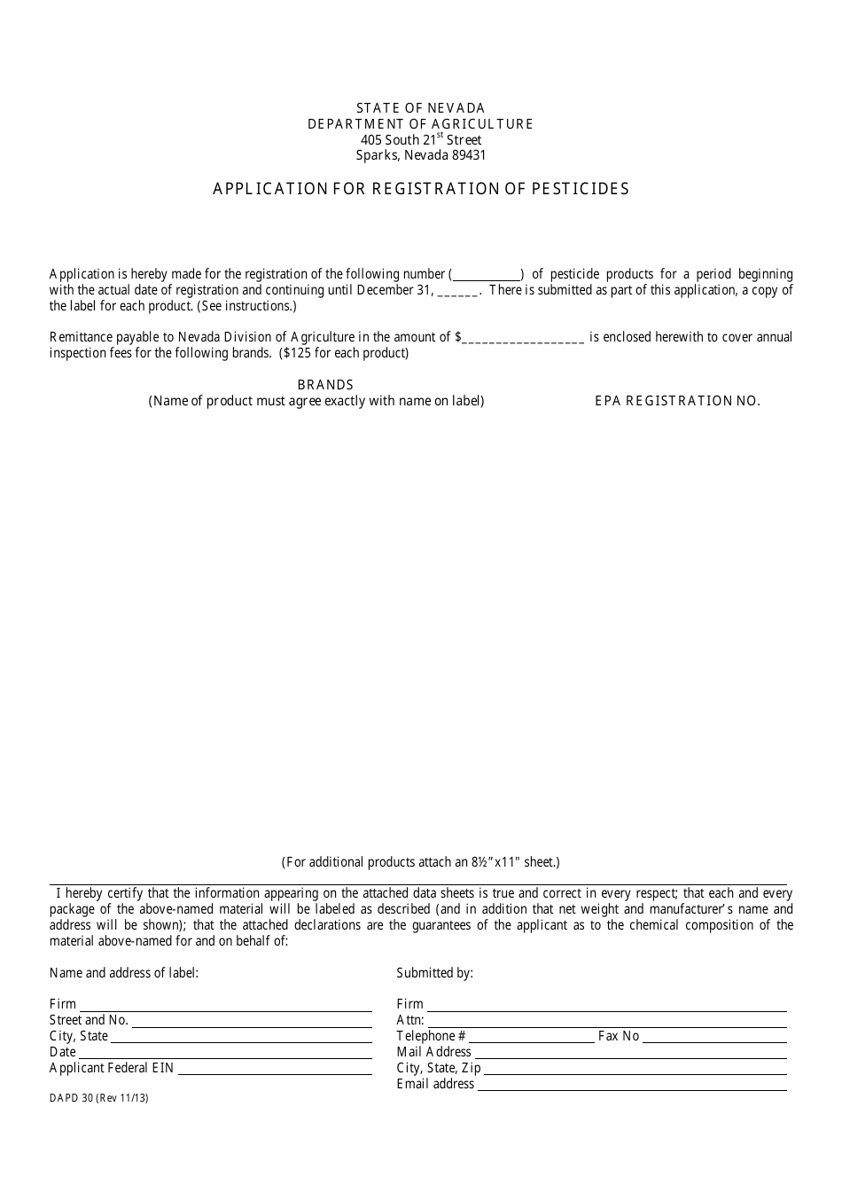 Form DAPD30 Application for Registration of Pesticides - Nevada, Page 1