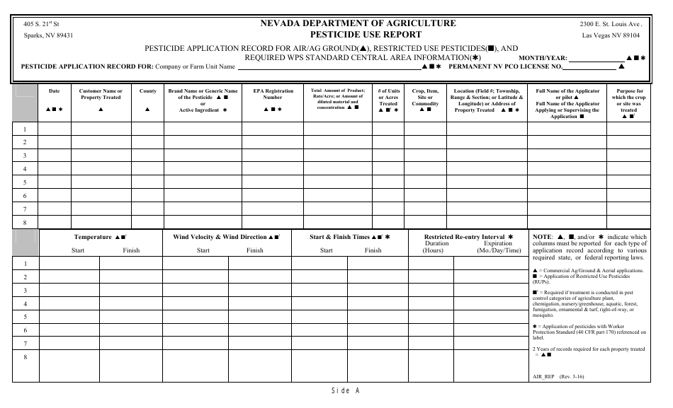 Pesticide Use Record Keeping Form - Aerial and Agricultural - Nevada, Page 1