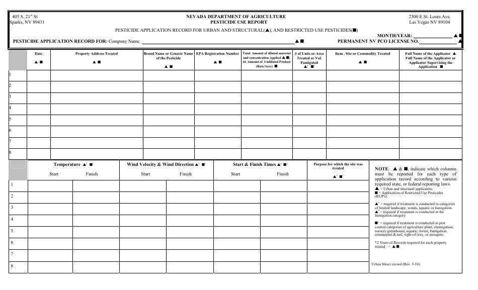 Pesticide Use Record Keeping Form - Urban and Structural - Nevada, Page 1