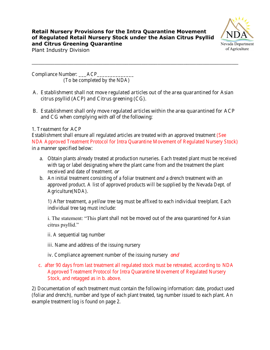 Asian Citrus Psyllid Quarantine Compliance Agreement Form - Nevada, Page 1