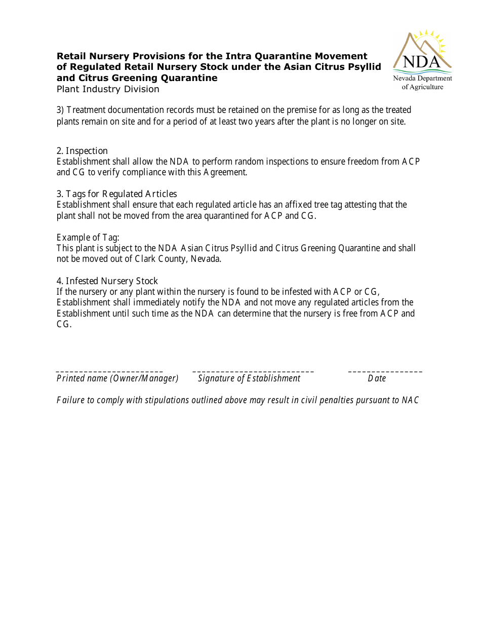Asian Citrus Psyllid Quarantine Compliance Agreement Form - Nevada, Page 2