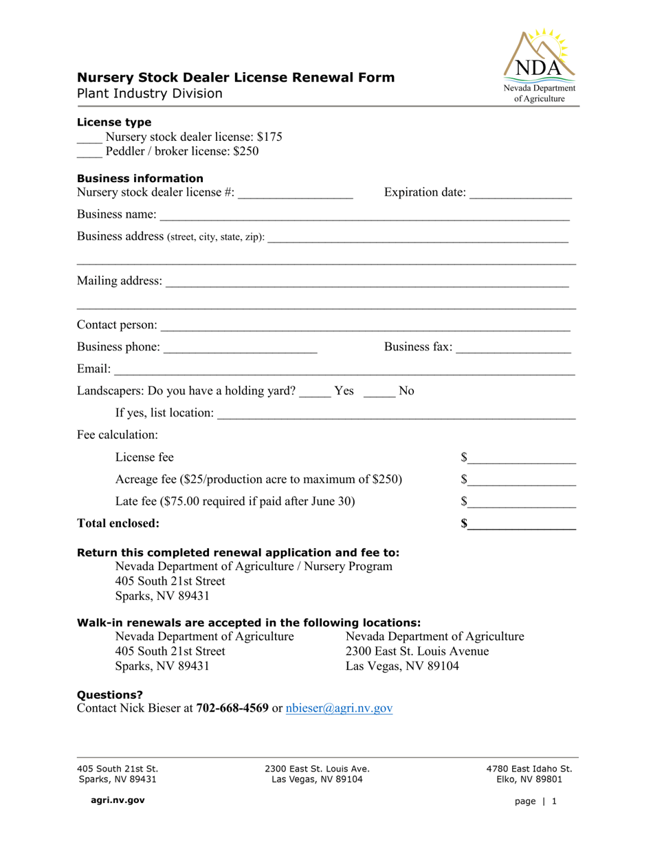Nevada Nursery Stock Dealer License Renewal Form Download Fillable PDF
