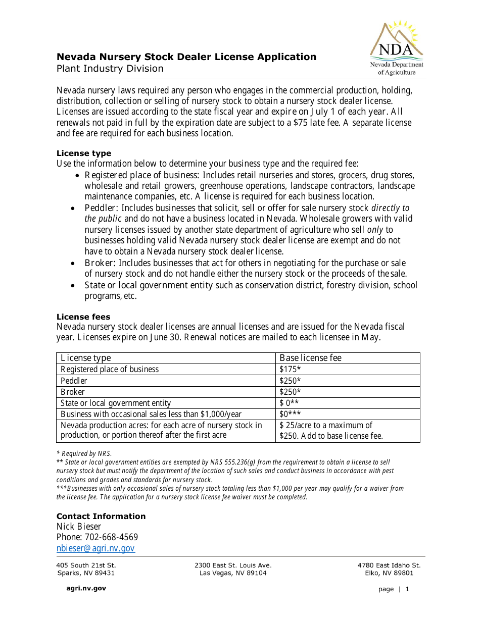 Nevada Nevada Nursery Stock Dealer License Application Form Fill Out