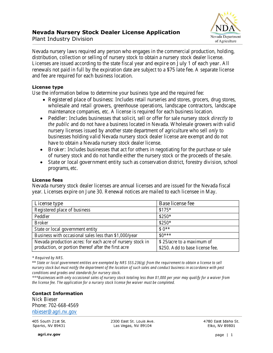 Nevada Nursery Stock Dealer License Application Form - Nevada, Page 1