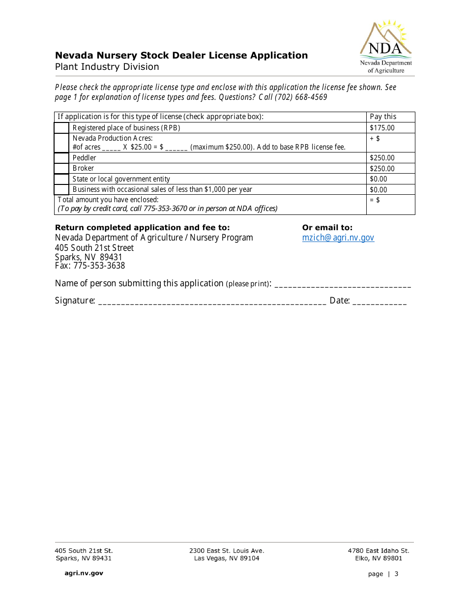 Nevada Nevada Nursery Stock Dealer License Application Form Fill Out
