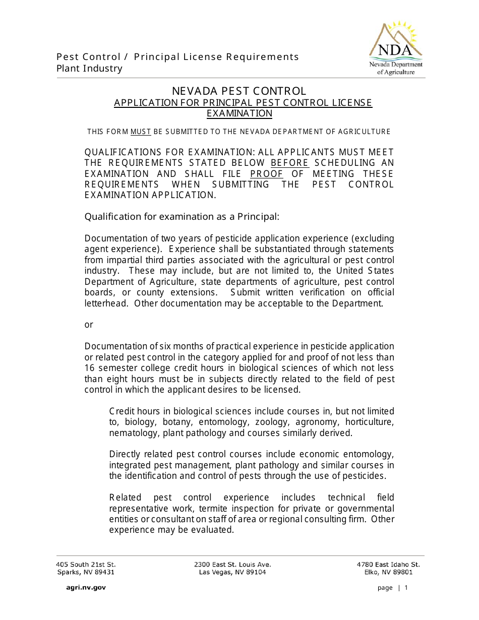 Nevada Application for Principal Pest Control License Examination