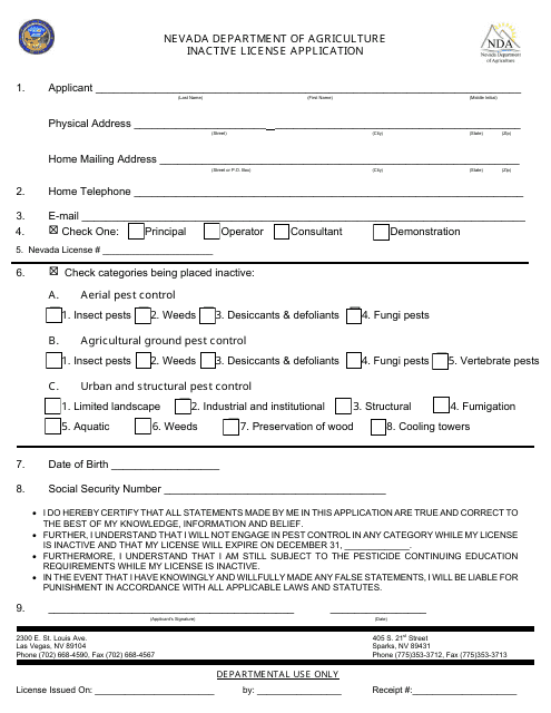 Inactive License Application Form - Nevada