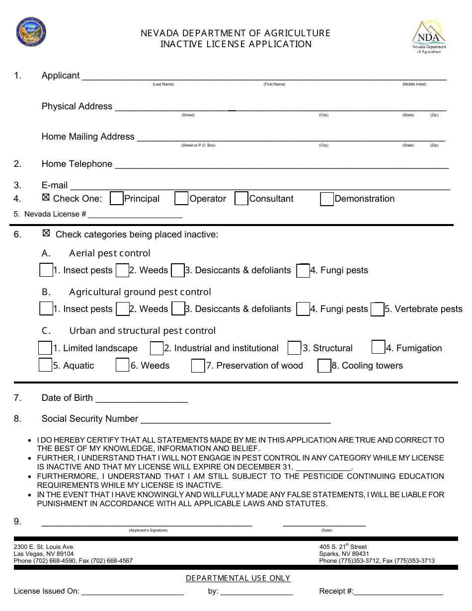 Inactive License Application Form - Nevada, Page 1