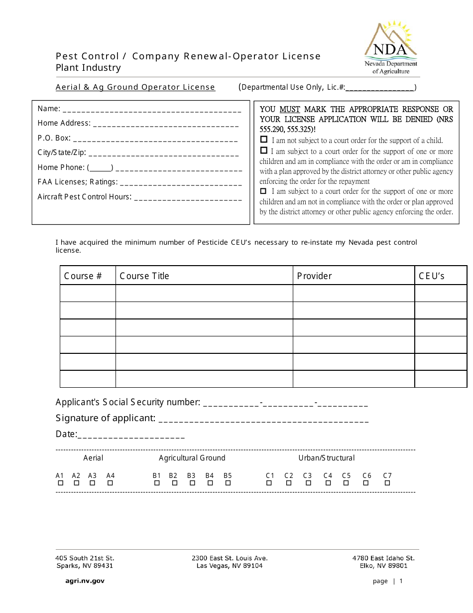 Aerial Operator License Application - Nevada, Page 1