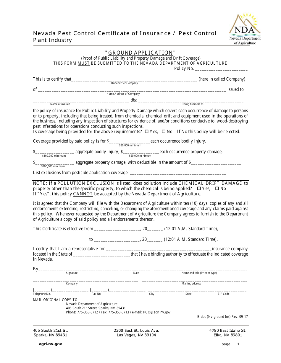 Nevada Pest Control Certificate of Insurance - Ground - Nevada, Page 1