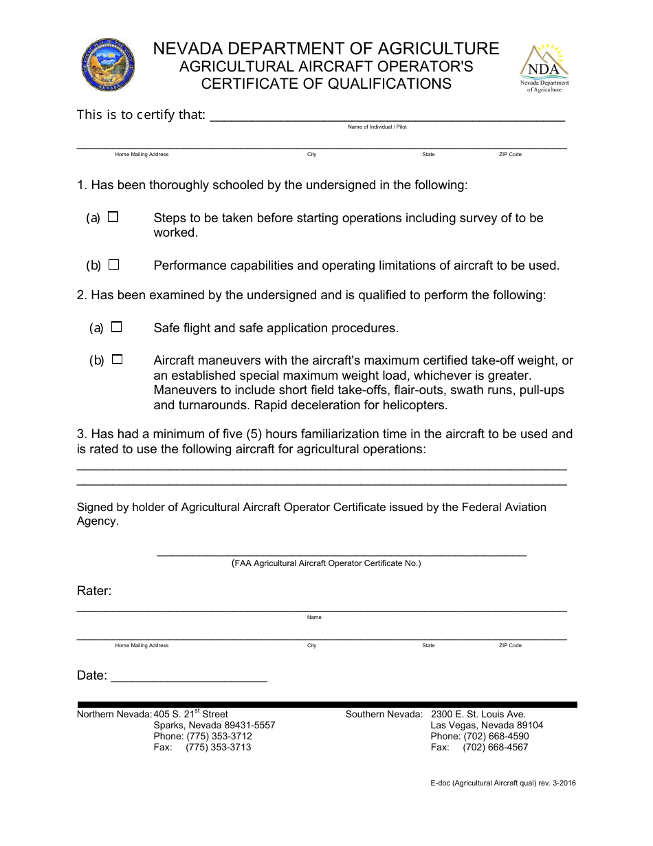 Agricultural Aircraft Operators Certificate of Qualifications - Nevada, Page 1