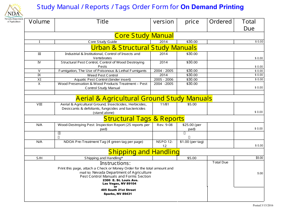 Study Manual / Reports / Tags Order Form for on Demand Printing - Nevada, Page 1
