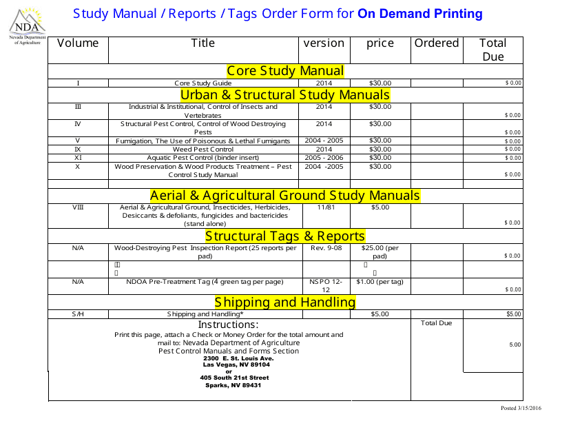 Study Manual / Reports / Tags Order Form for on Demand Printing - Nevada