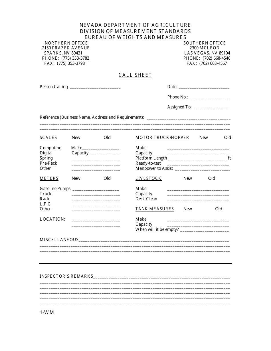 Form 1-WM License Registration Call Sheet - Nevada, Page 1
