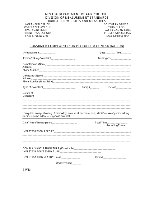 Form 4-WM Consumer Complaint - Non Petroleum Contamination - Nevada