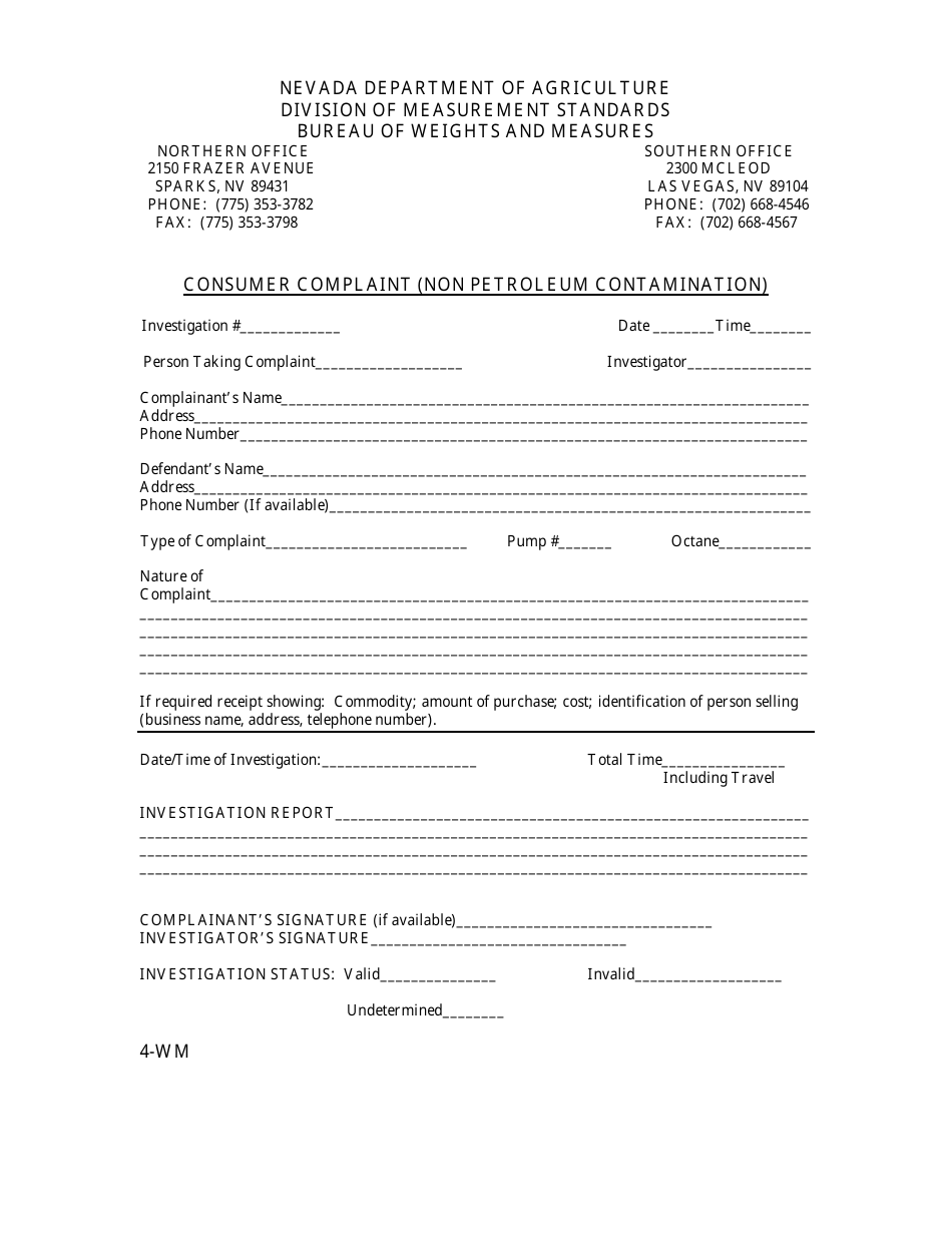 Form 4-WM Consumer Complaint - Non Petroleum Contamination - Nevada, Page 1