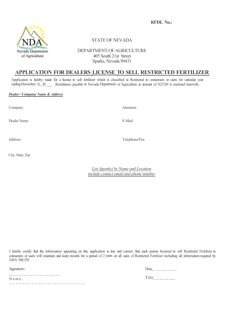 Nevada Application for Dealers License to Sell Restricted Fertilizer Fill Out, Sign Online and