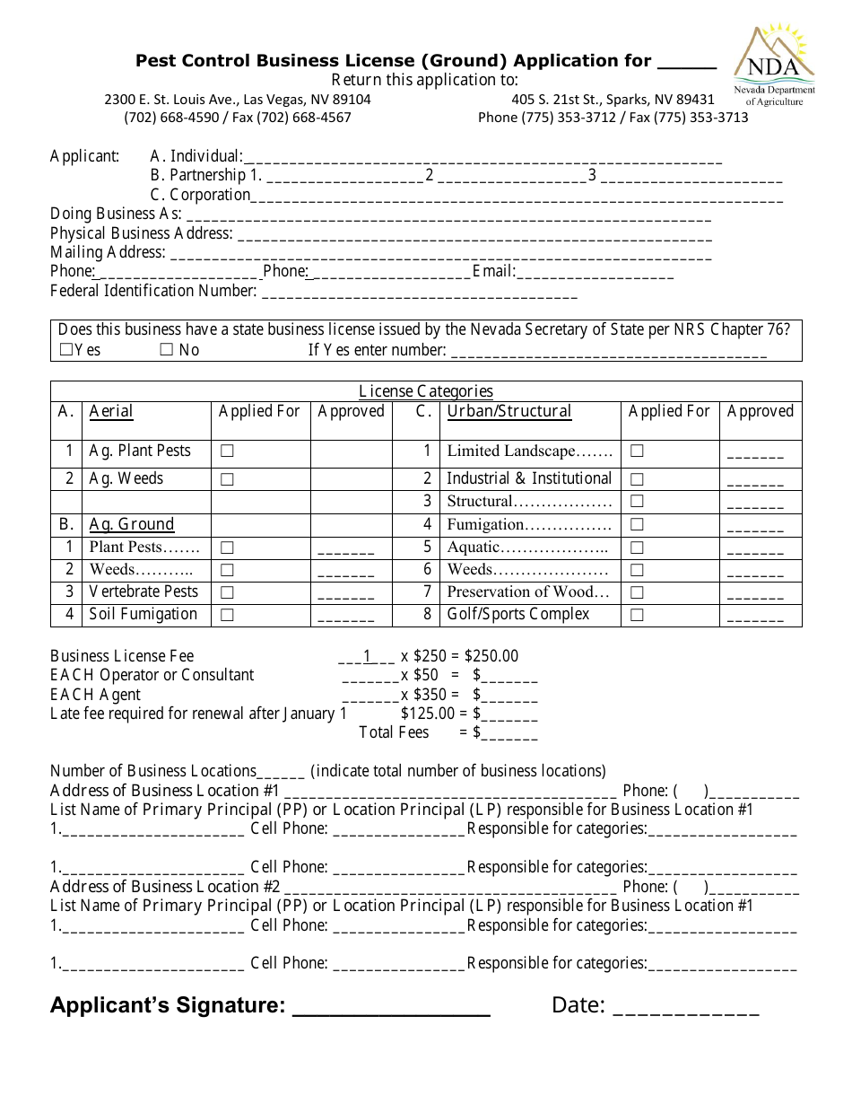 Pest Control Business License (Ground) Application Form - Nevada, Page 1