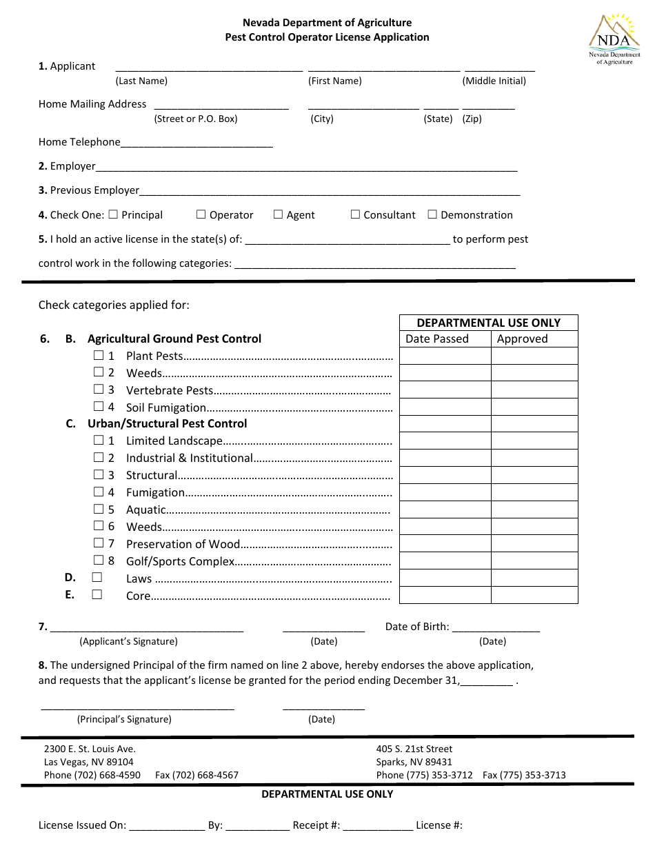 Pest Control Operator License Application Form - Nevada, Page 1