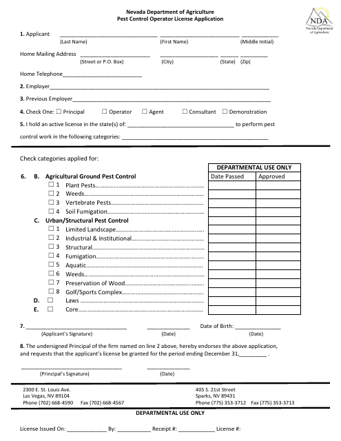 Pest Control Operator License Application Form - Nevada