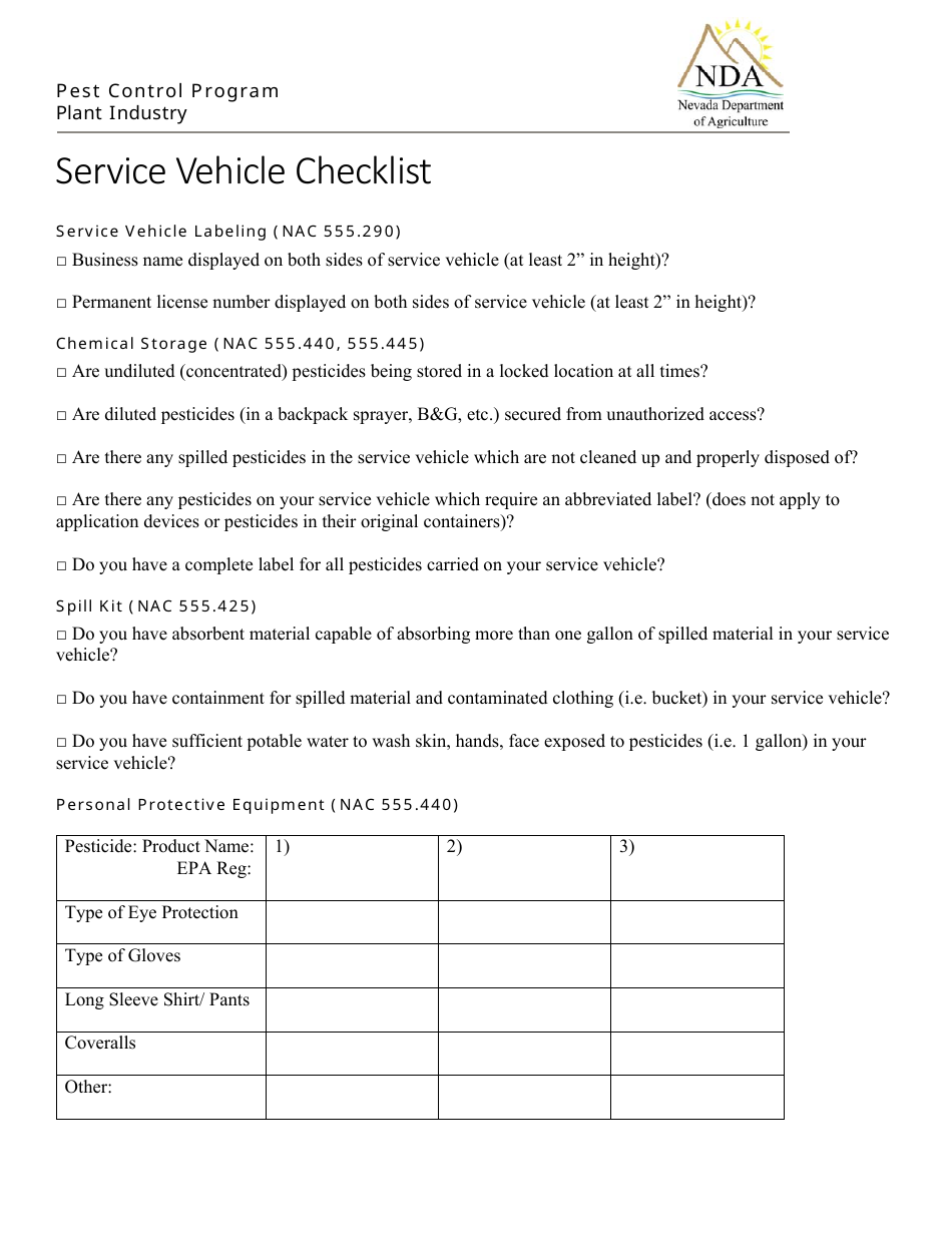 Service Vehicle Checklist - Nevada, Page 1
