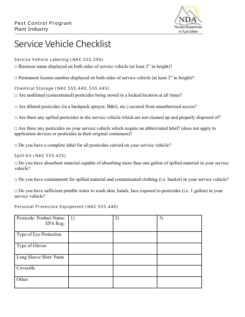 Service Vehicle Checklist - Nevada Download Pdf