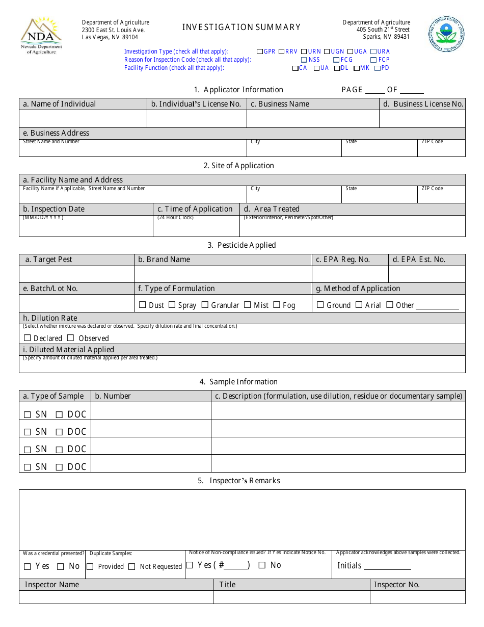 Use Inspection Summary Form - Nevada, Page 1