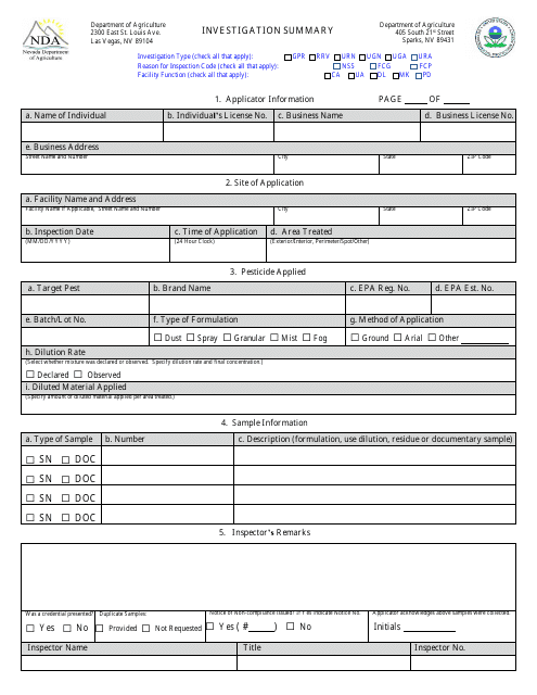 Use Inspection Summary Form - Nevada