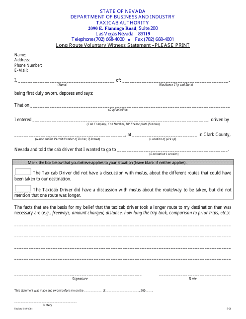 Long Route Voluntary Witness Statement Form - Nevada Download Pdf