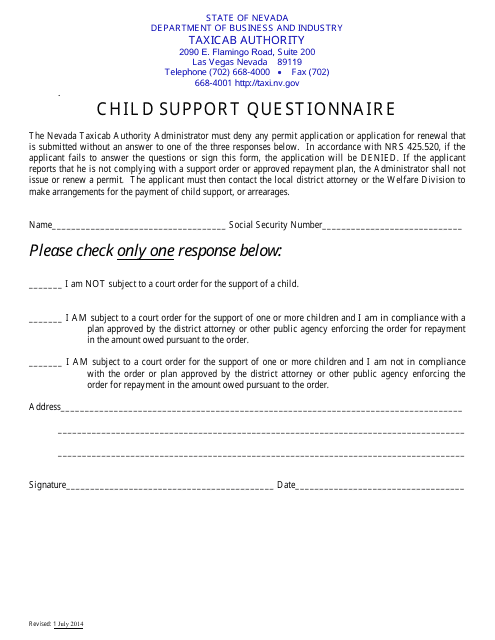 &quot;Child Support Questionnaire Form&quot; - Nevada Download Pdf