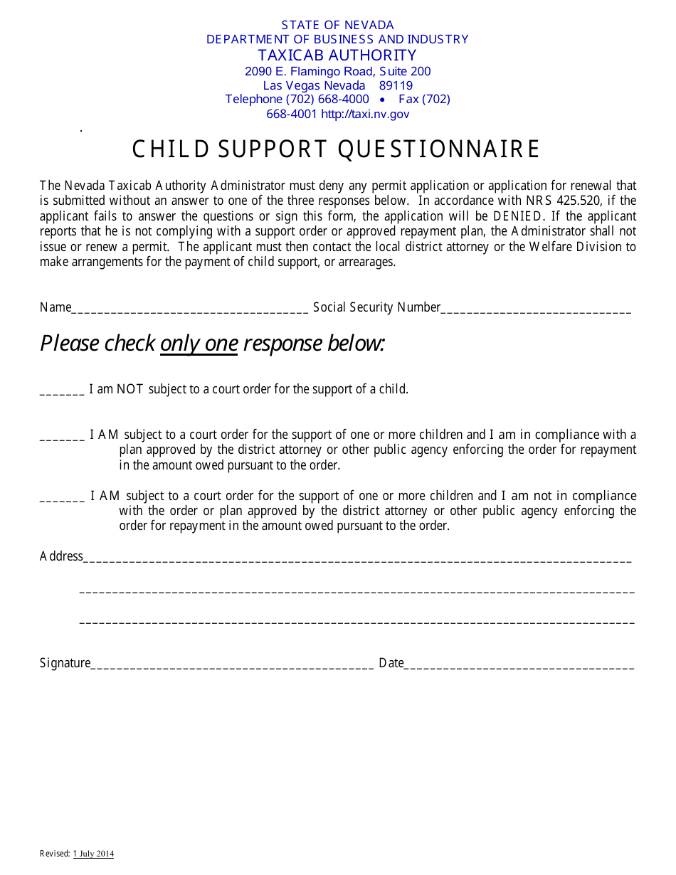 Child Support Questionnaire Form - Nevada, Page 1