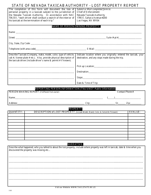 Lost Property Report Form - Nevada Download Pdf