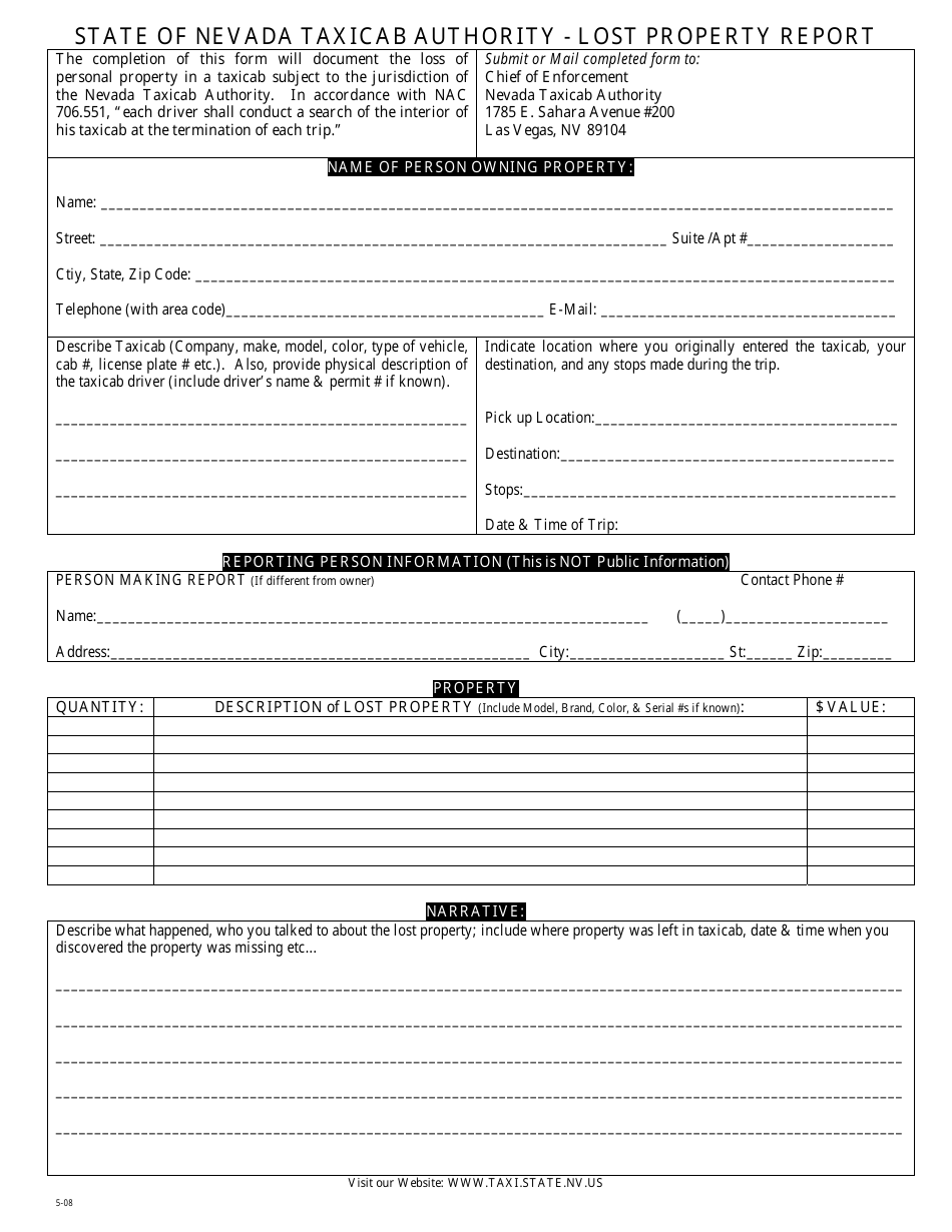 Lost Property Report Form - Nevada, Page 1