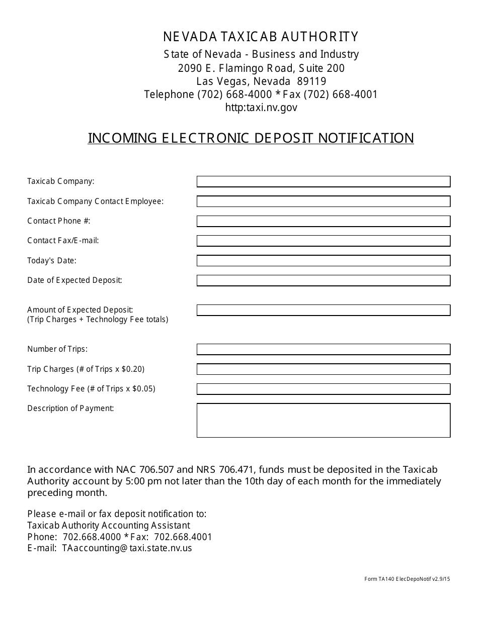 Form TA140 Incoming Electronic Deposit Notification Form - Nevada, Page 1