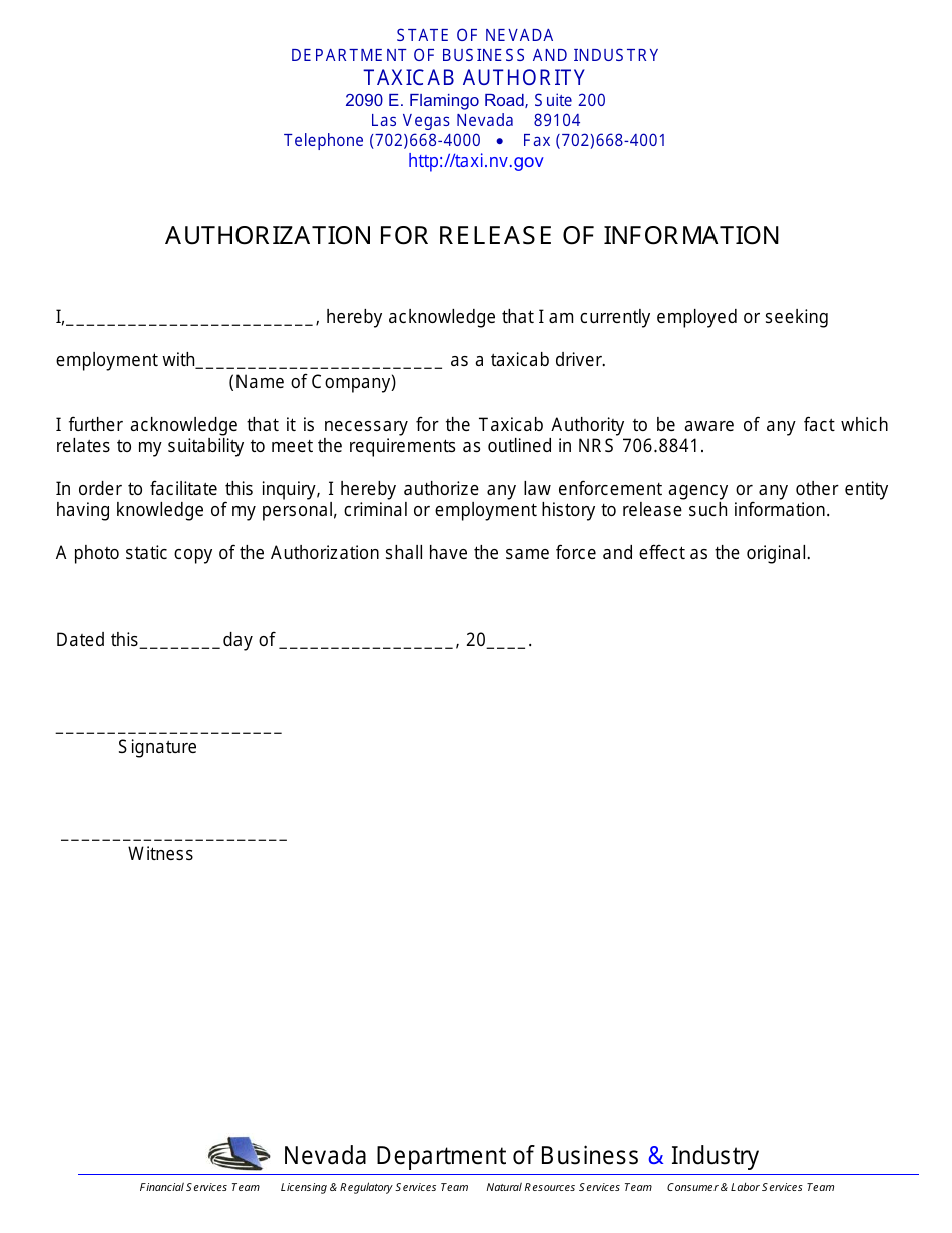 Authorization for Release of Information - Nevada, Page 1