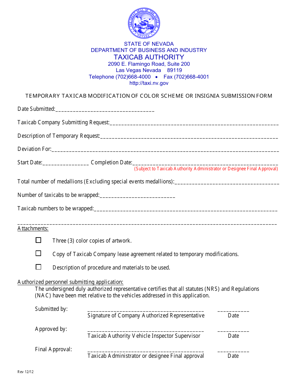 Nevada Color Scheme Deviation Form - Wrapped Cabs Download Fillable PDF ...