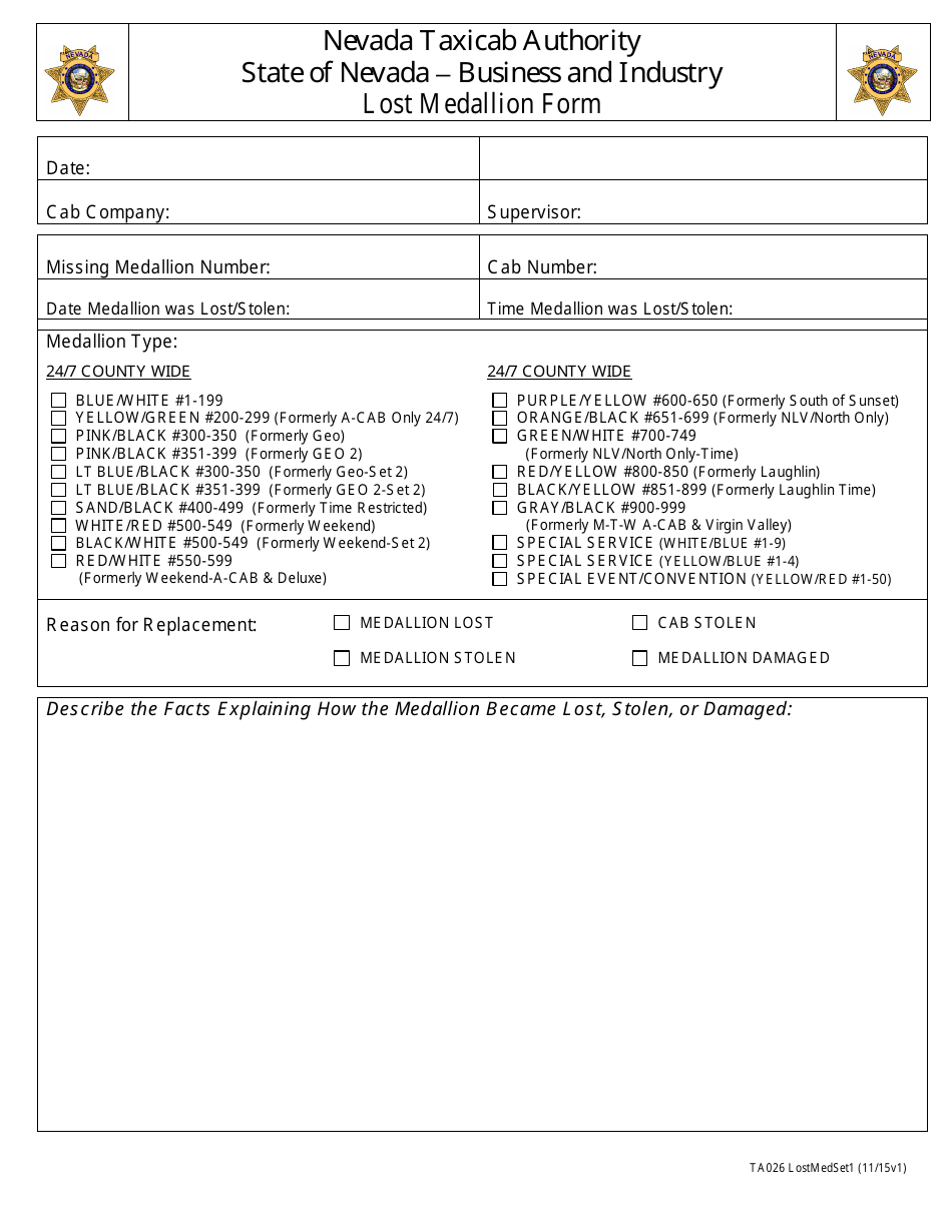 Form TA026 Lost Medallion Form - Nevada, Page 1