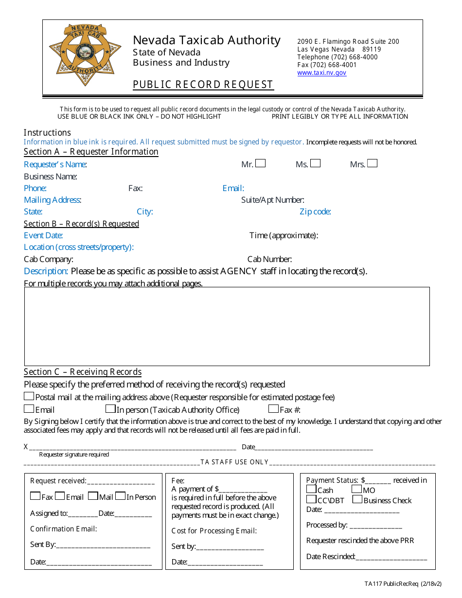 Form TA117 Public Record Request - Nevada, Page 1