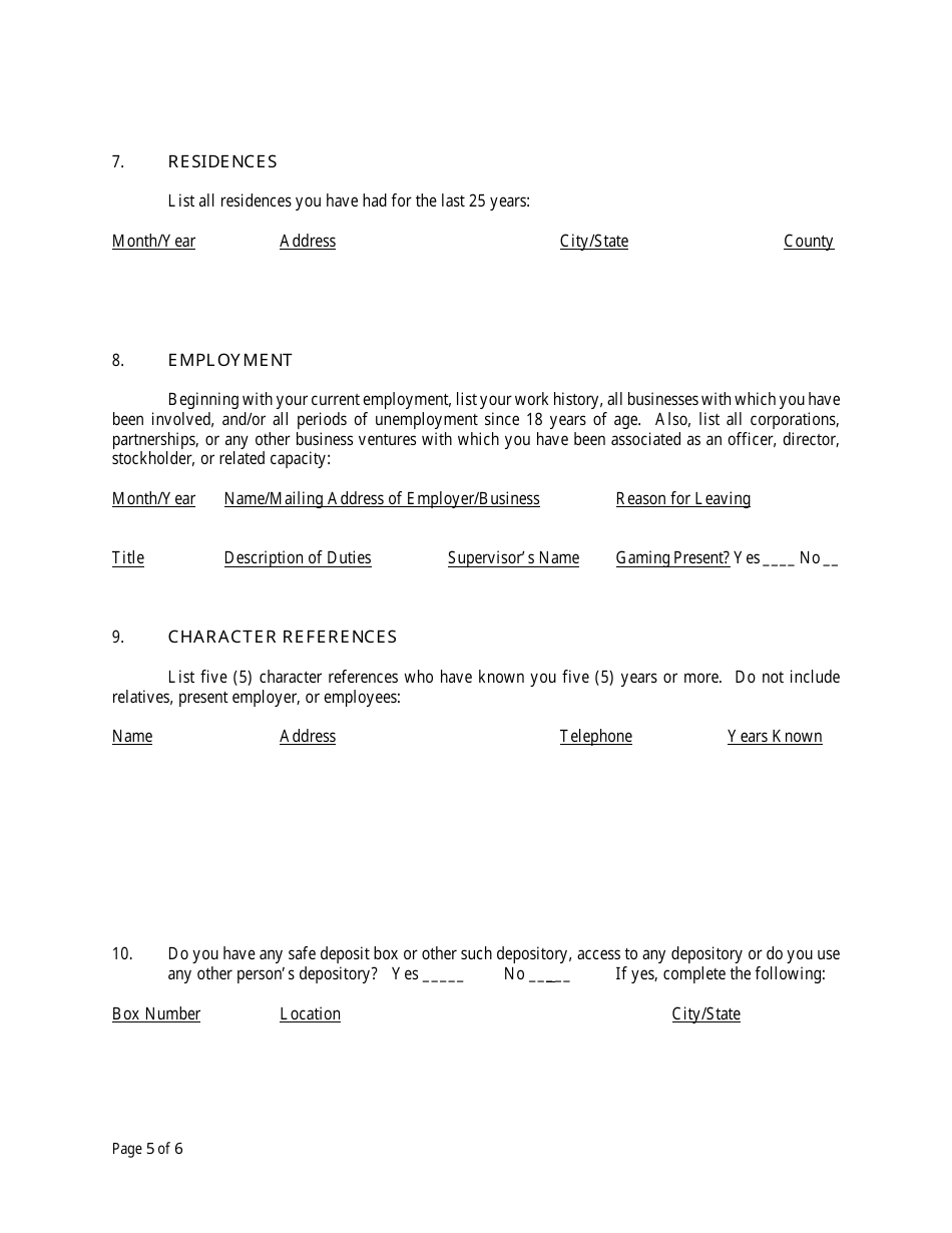 Personal History Record Form - Nevada, Page 5