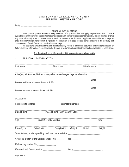 Personal History Record Form - Nevada Download Pdf
