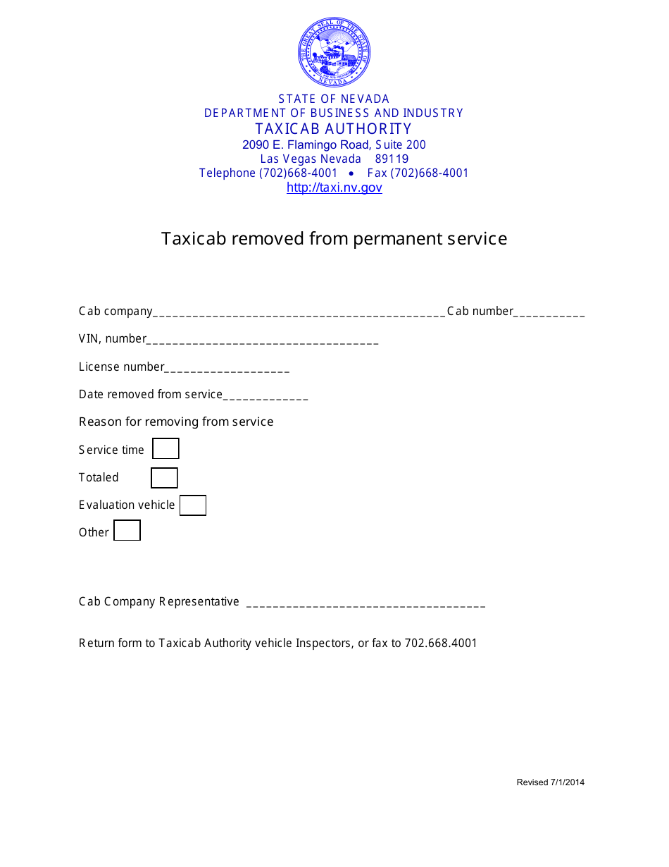 Taxicab Removed From Permanent Service Form - Nevada, Page 1