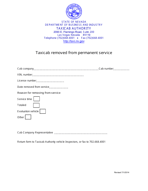 Taxicab Removed From Permanent Service Form - Nevada Download Pdf