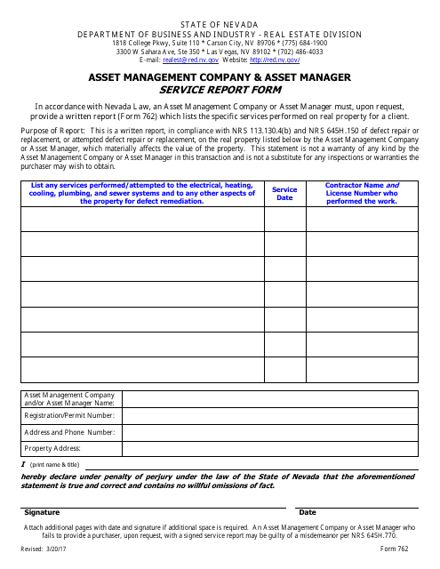 Form 762 Asset Management Company & Asset Manager Service Report - Nevada