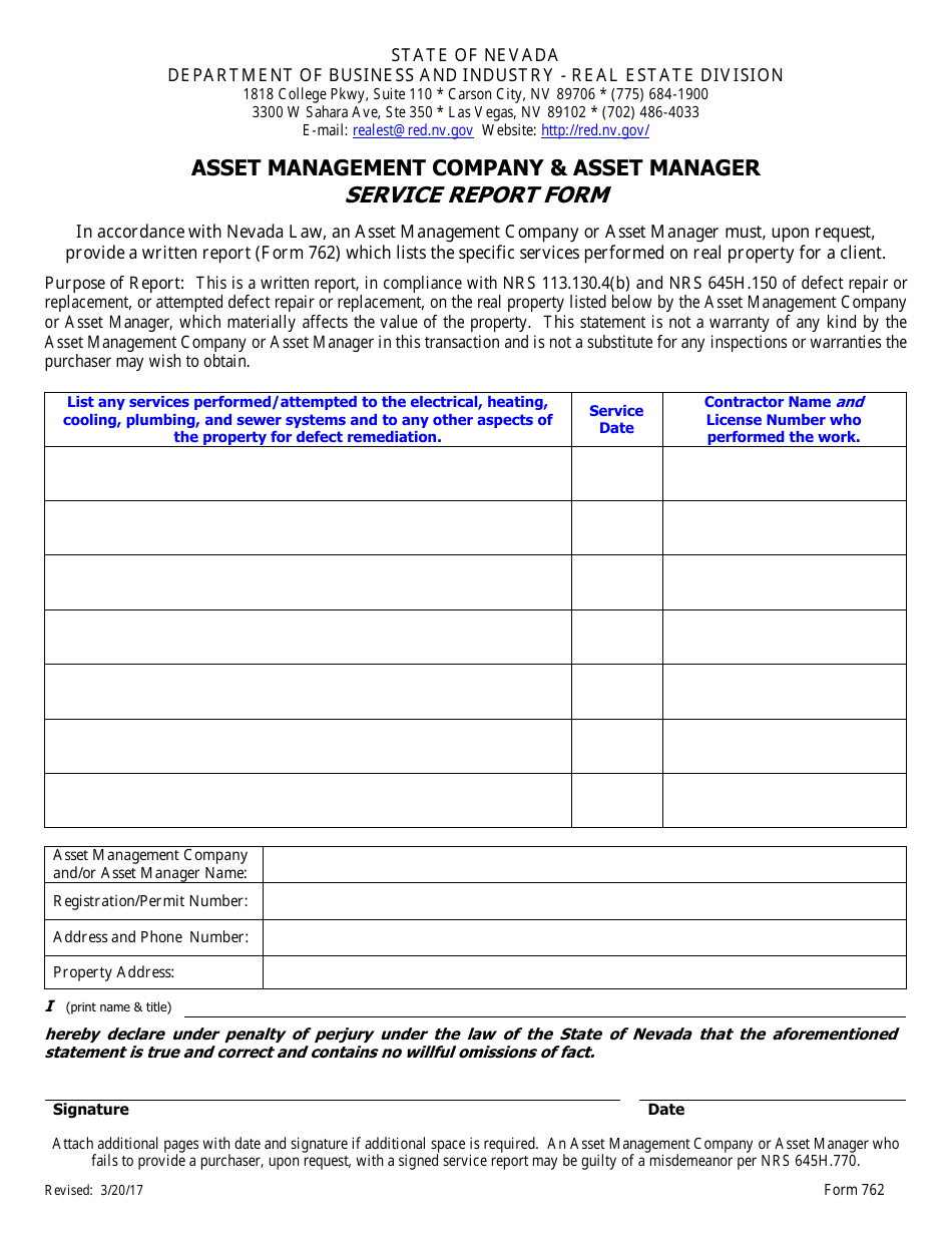 Form 762 Asset Management Company  Asset Manager Service Report - Nevada, Page 1