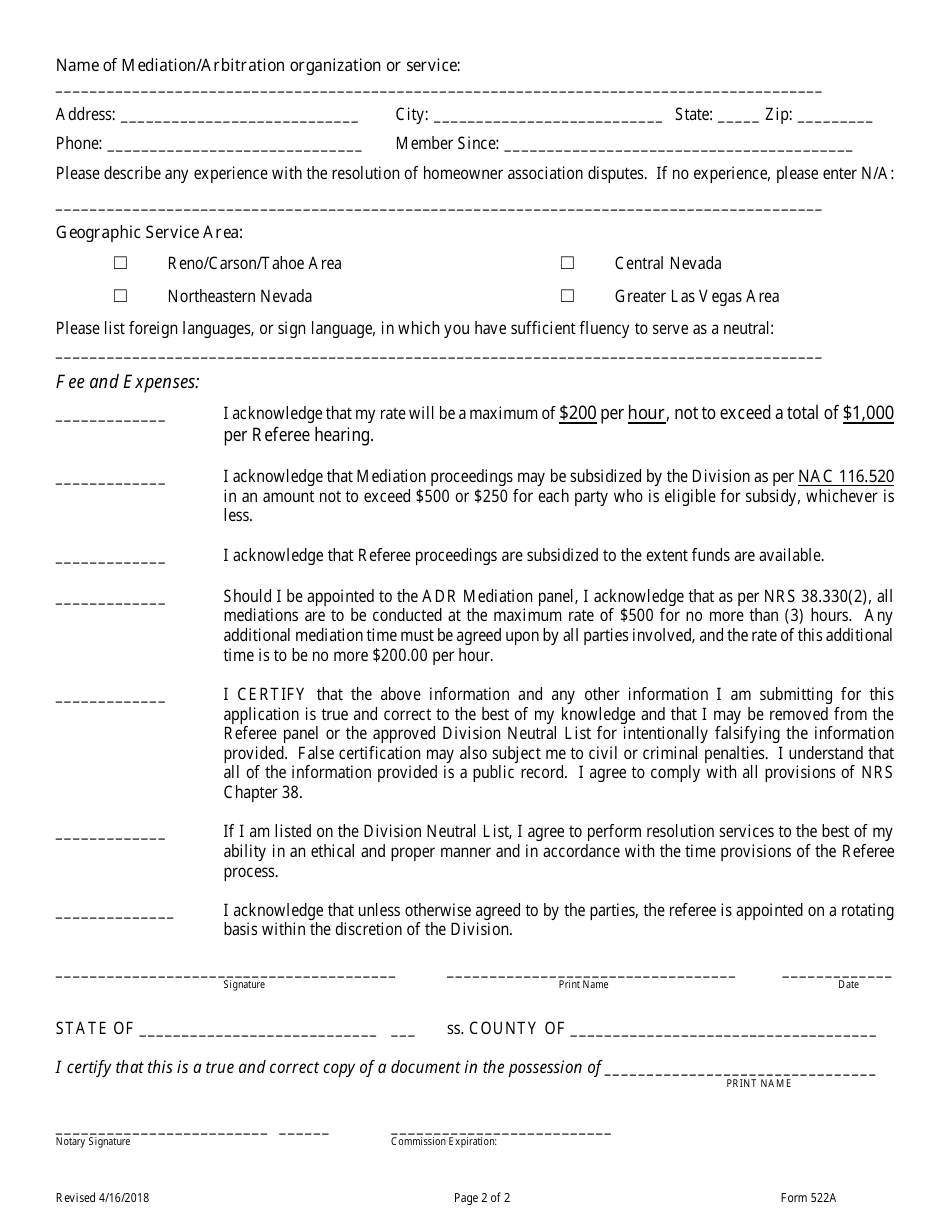Form 522A Alternative Dispute Resolution - Referee / Arbitrator Application Form - Nevada, Page 3