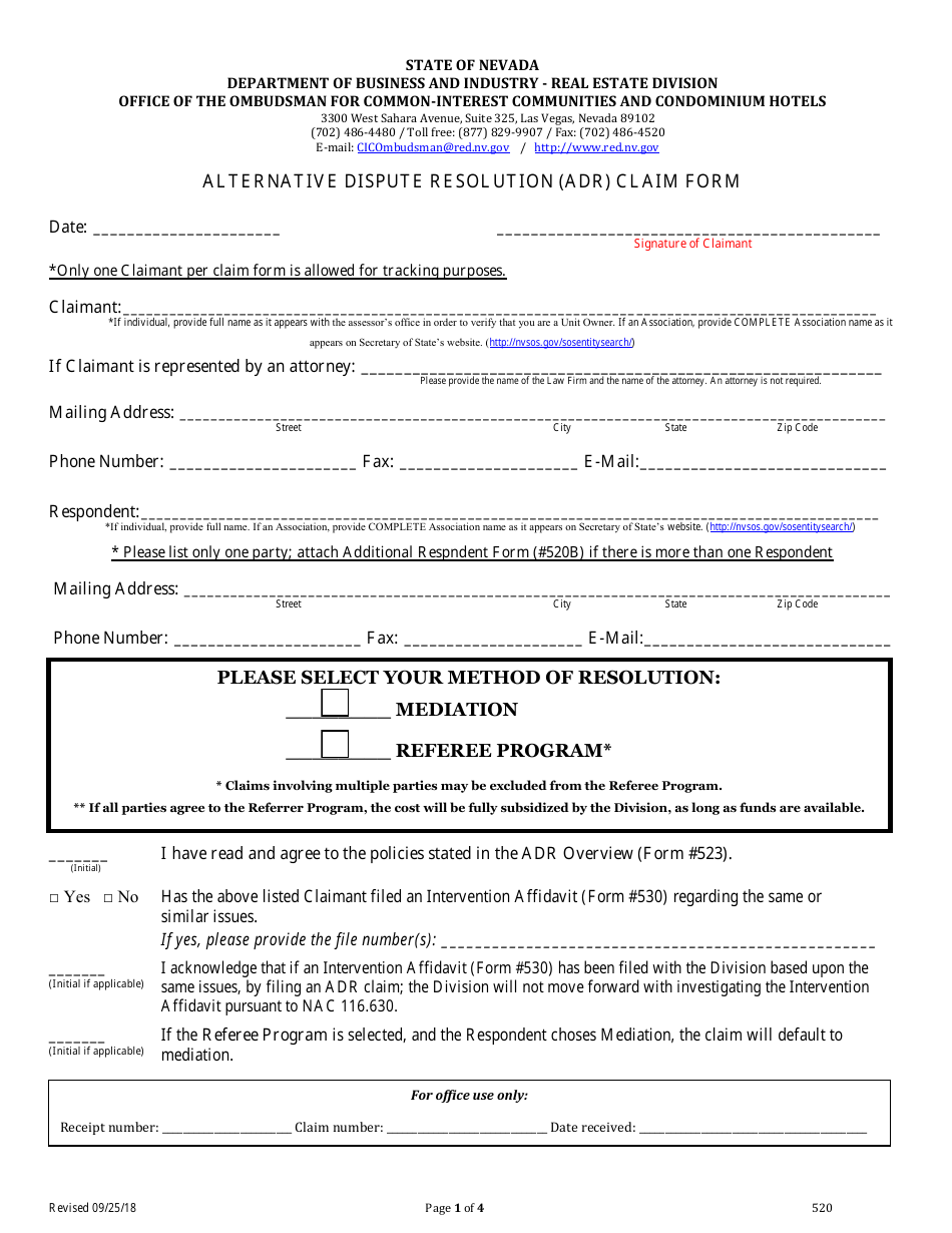 Form 520 Alternative Dispute Resolution (Adr) Claim Form - Nevada, Page 1
