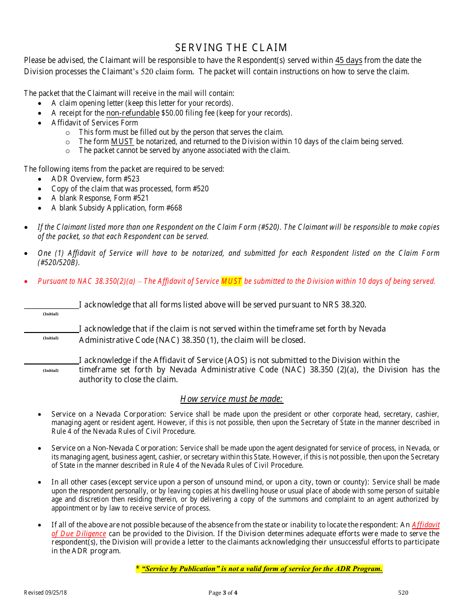 Form 520 Alternative Dispute Resolution (Adr) Claim Form - Nevada, Page 3