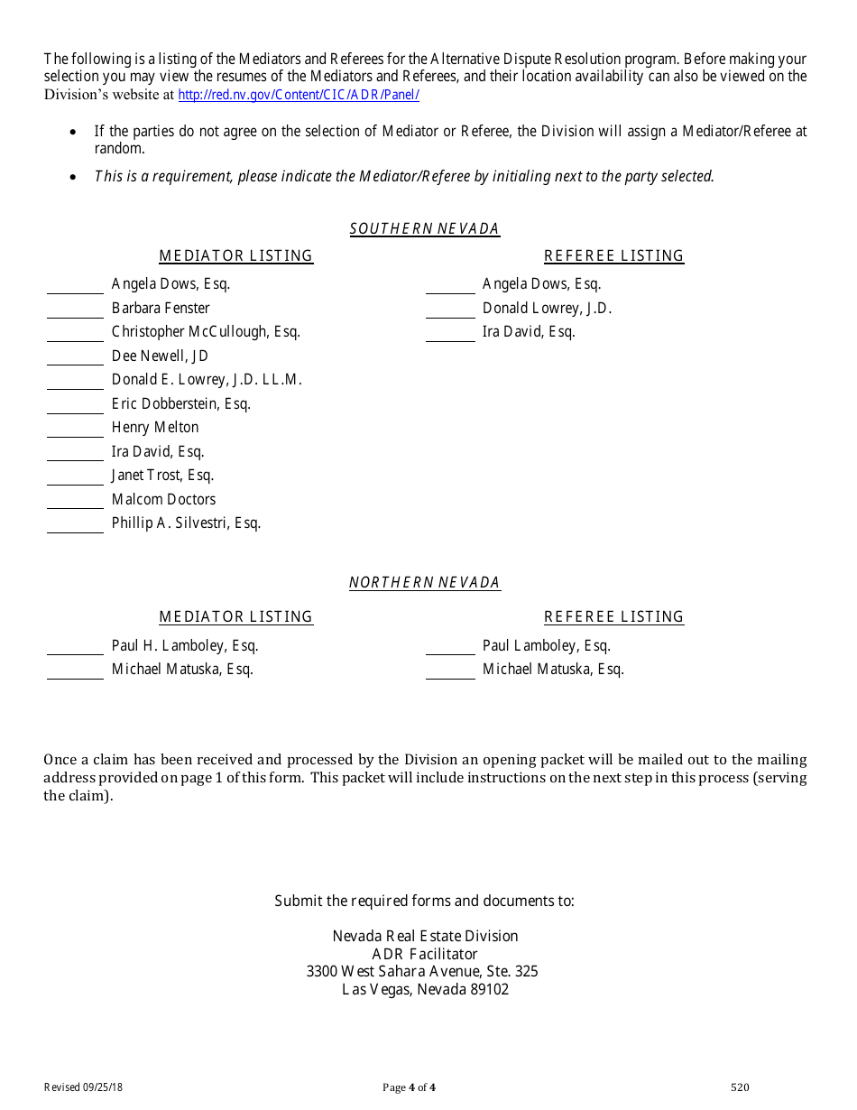 Form 520 Alternative Dispute Resolution (Adr) Claim Form - Nevada, Page 4