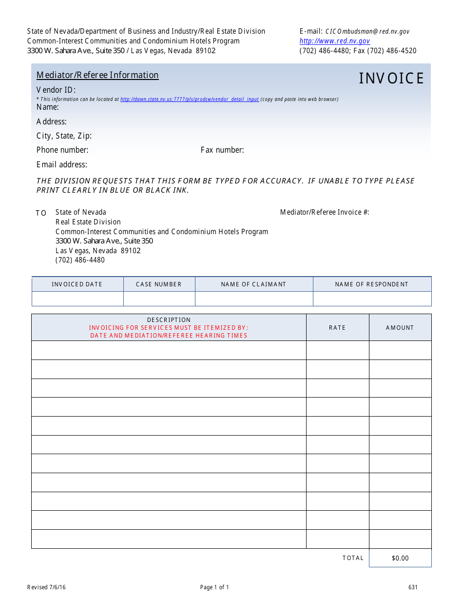 Form 631 Mediator / Referee Invoice - Nevada, Page 1