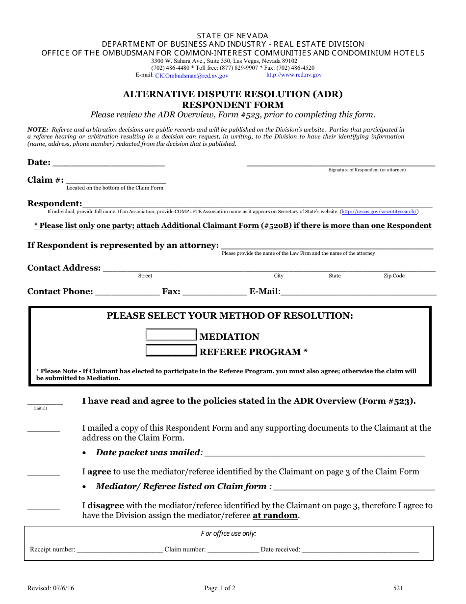 Form 521 Alternative Dispute Resolution (Adr) Respondent Form - Nevada, Page 1